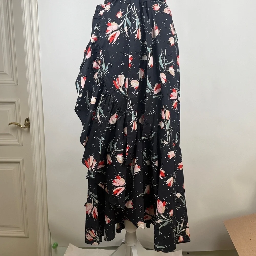 Rebecca Taylor Ikat Tulip Wrap Dress Tie Waist Black Floral Poplin Ruffles Sz 12